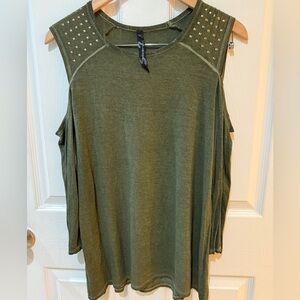 Seven7 Green Embellished Cut Out Shoulder Top